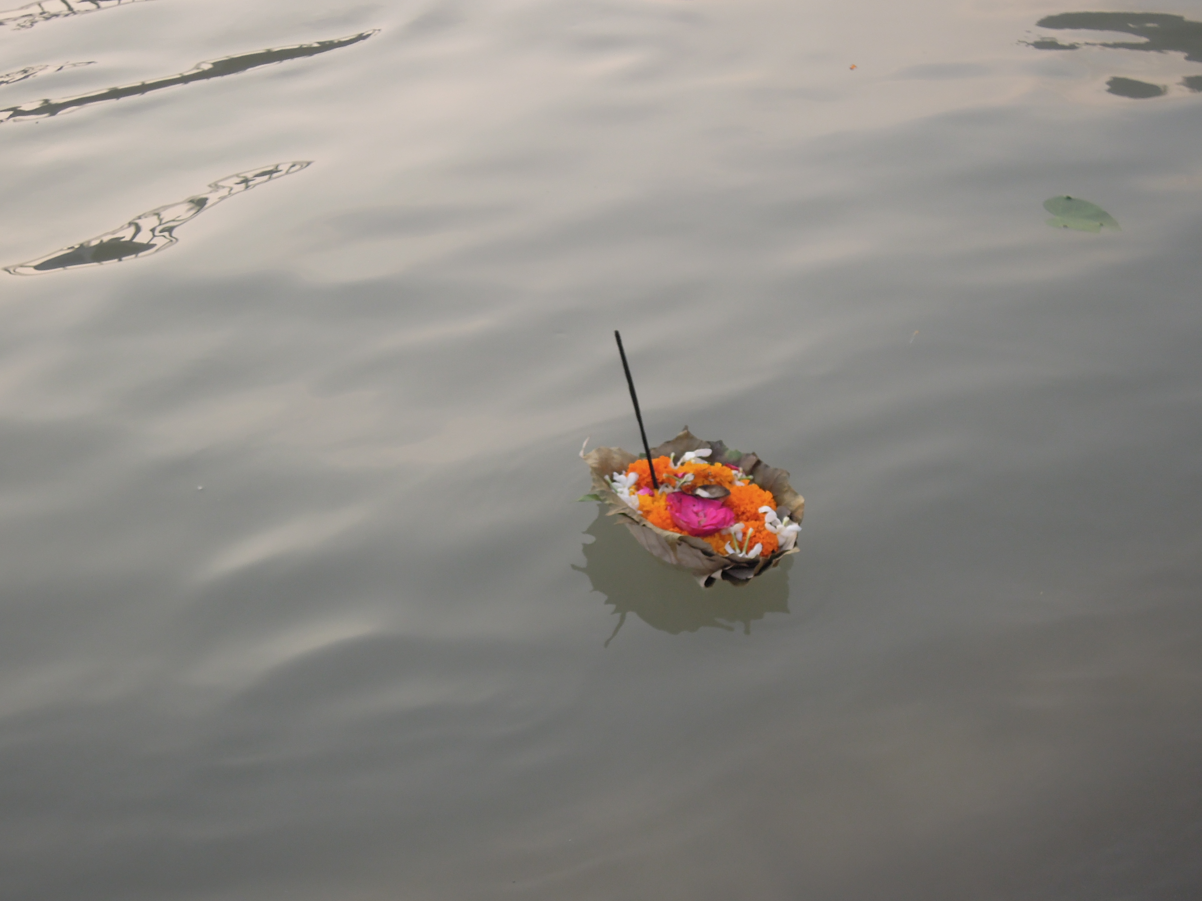 A small floral offering floating on calm water.