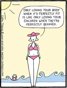 Woman in bikini with body positivity message.