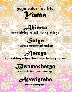 Yoga principles with decorative background design.