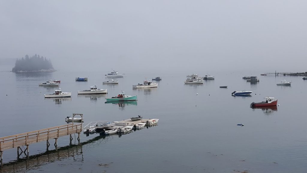 Foggy harbor with boats moored and a wooden dock extending into the water.