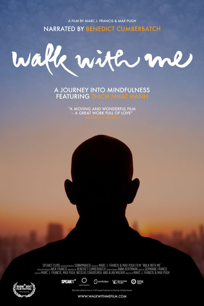 Silhouette of a person at sunset with 'walk with me' text overlay.