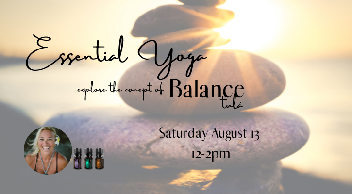 Yoga event poster with sunrise, balance theme, and instructor photos.
