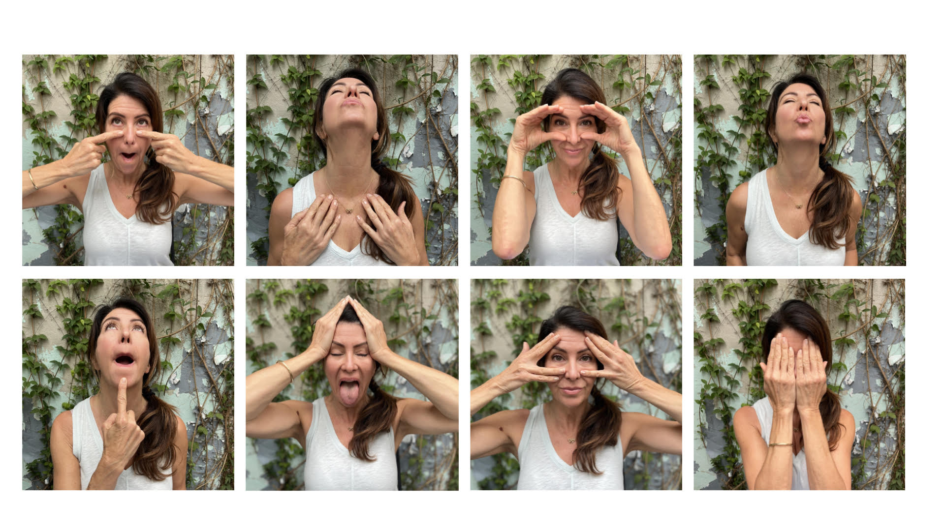 A woman making various playful facial expressions outdoors.