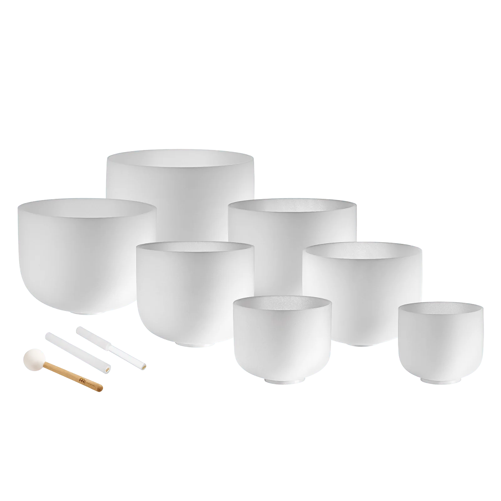Set of white quartz crystal singing bowls with mallets.